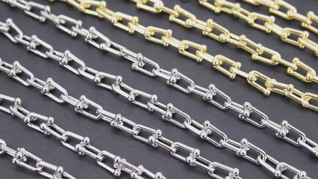 Gold Horseshoe Link Chain, Small 10 mm Silver Beaded End U Chains, Unfinished Dainty Silver Chain