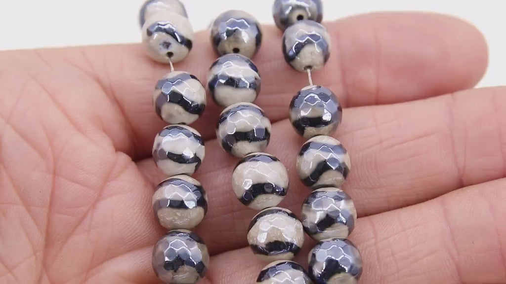 Tibetan Faceted Agate Beads, DZI Agate Black and Pearly Beige Stipe Color Beads BS #179, sizes 10 mm 14.5 inch FULL Strands