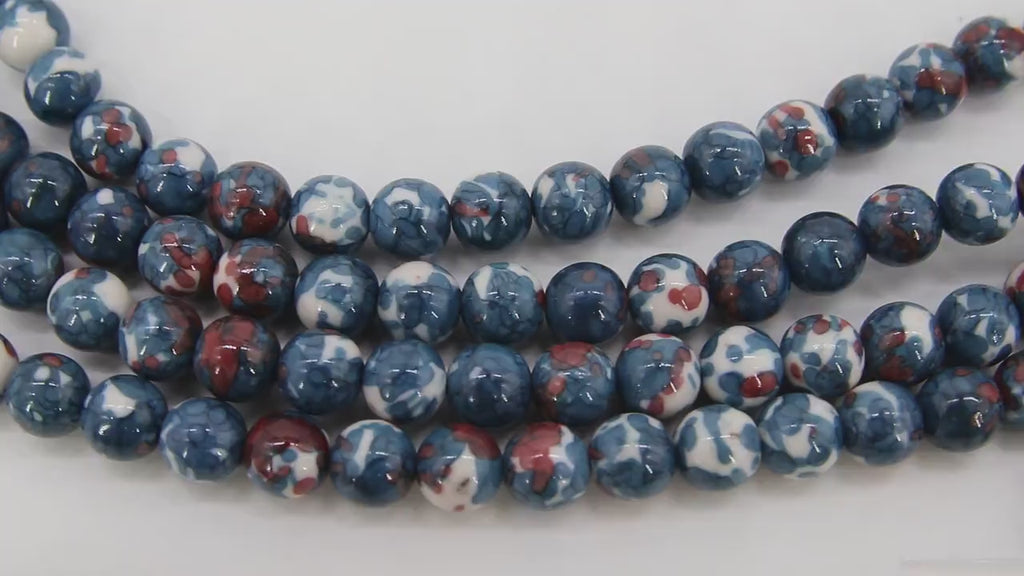 Smooth Round White and Blue Beads, Navy and Rust Jewelry Beads BS #89, sizes in 8 mm 15.75 inch Strands