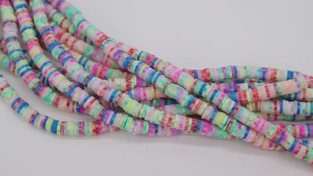 2 Strands 6 mm Clay Flat Beads, Pink Blue White Heishi beads in Polymer Clay Disc CB #130, Rondelle Multi Color