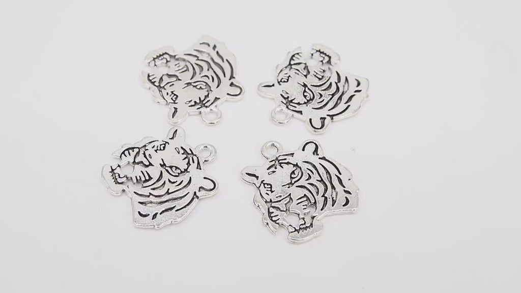 Silver Tiger Head Charm, Reversible Silver Plated Striped Tiger Head #3141, 14 x 15 mm