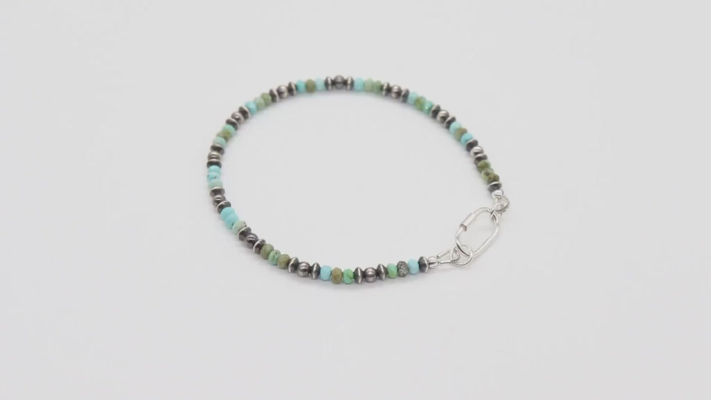 Blue Turquoise Beaded Gemstone Bracelet, 925 Sterling Silver Carabiner Beaded Bracelet, Navajo Pearl Oxidized Handmade Stacking Bracelet