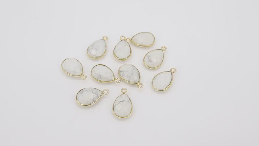 White Turquoise Teardrop Charms, Gold Plated Oval White Gemstones #2858, Sterling Silver Birthstone Pendants