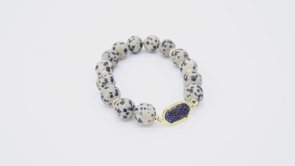 Blue Navy Druzy Beaded Bracelet, 10 mm Dalmatian Gold Stretchy Bracelet #795, Druzy Charm Bracelet