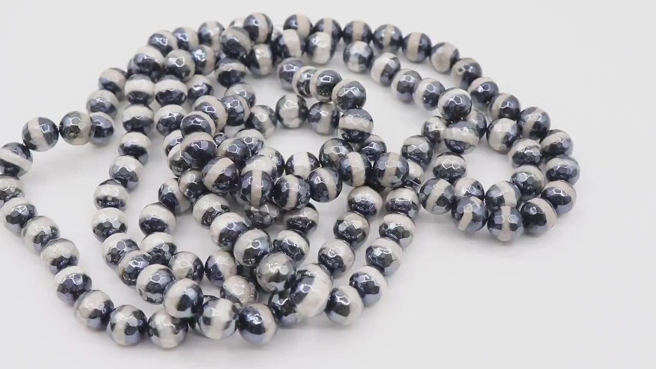 Tibetan Faceted Agate Beads, DZI Agate Black and Pearly White Stipe Color Beads BS #152, sizes 10 mm 14.5 inch FULL Strands