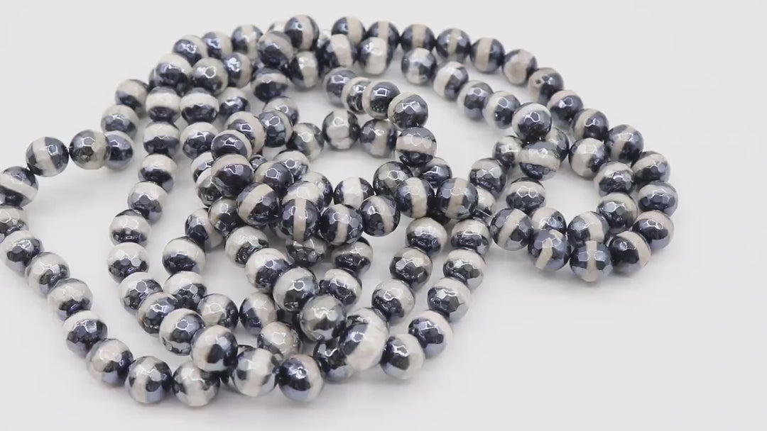 Tibetan Faceted Agate Beads, DZI Agate Black and Pearly White Stipe Color Beads BS #152, sizes 10 mm 14.5 inch FULL Strands