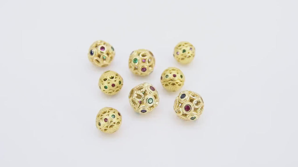 CZ Pave Gold Round Filigree Beads, 2 Pc Patterned Silver Metal Beads AG #3336,0 Round High Quality 8 mm Focal Beads, Jewelry Findings