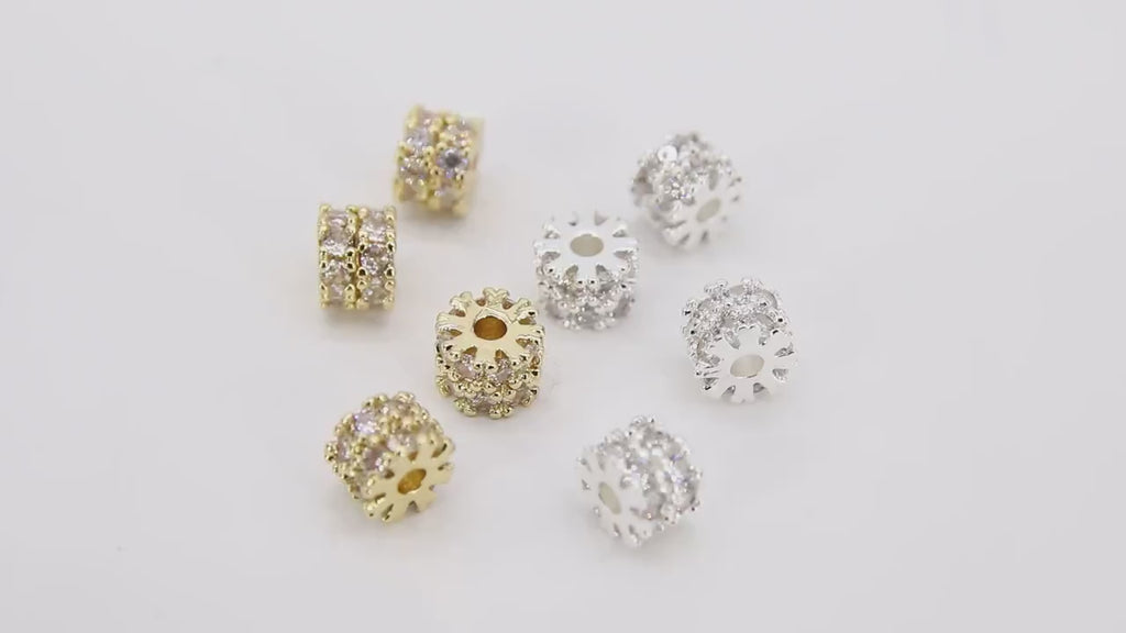 Gold Spacer Beads, 6 mm Silver CZ Rondelle Spacer Donuts Findings #3396, Thick Round Disc Wheels