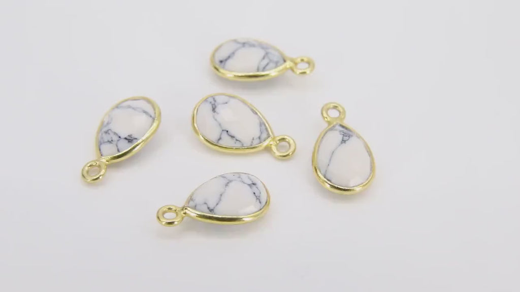 White Turquoise Teardrop Charms, Gold Oval White Howlite Gemstones # 3434, Gold Over Sterling Silver Birthstone Pendants