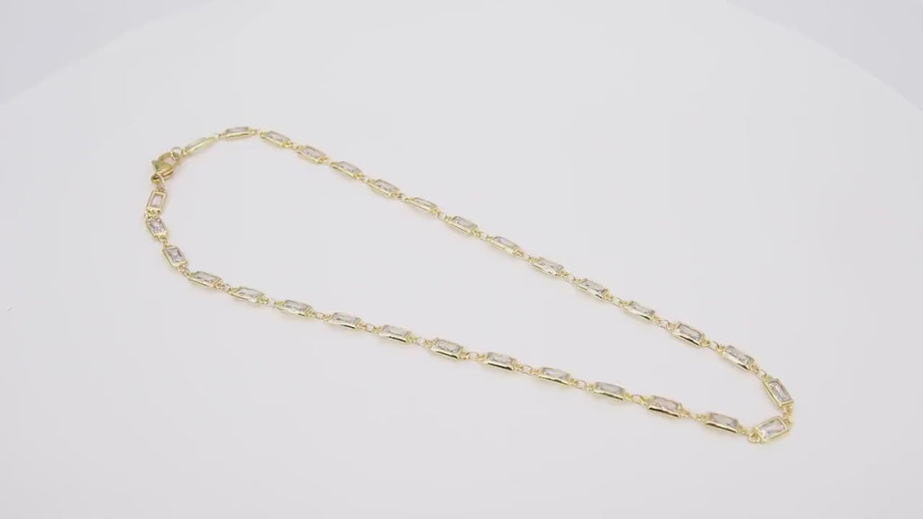 Cubic Zirconia Necklace, Gold Rectangle Shaped CZ Choker, Clear Diamond CZ Chain Link