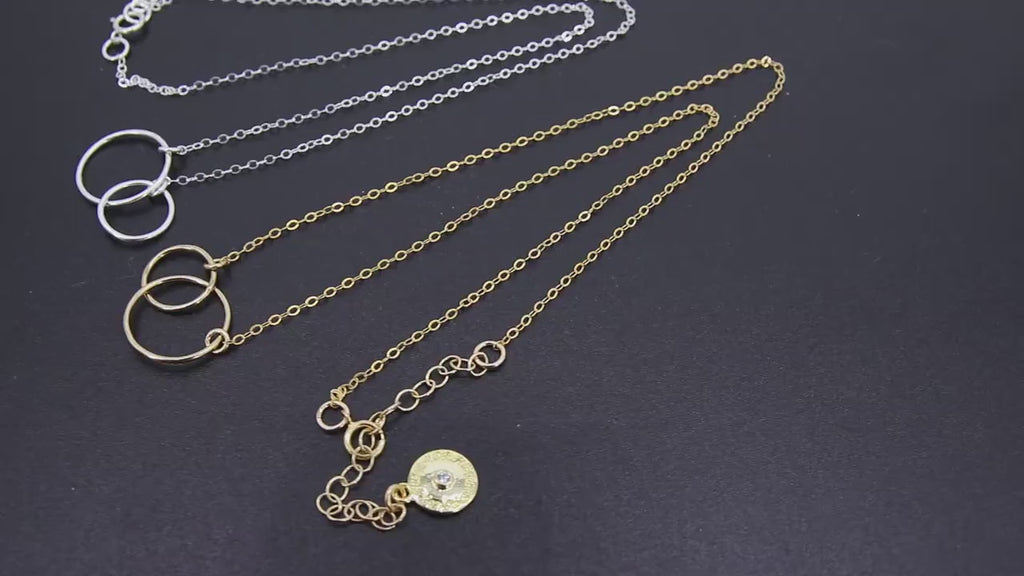 14 K Gold Linked Ring Necklace, 925 Sterling Silver Double Circle Infinity Chokers #684, Adjustable Eternity Forever Jewelry