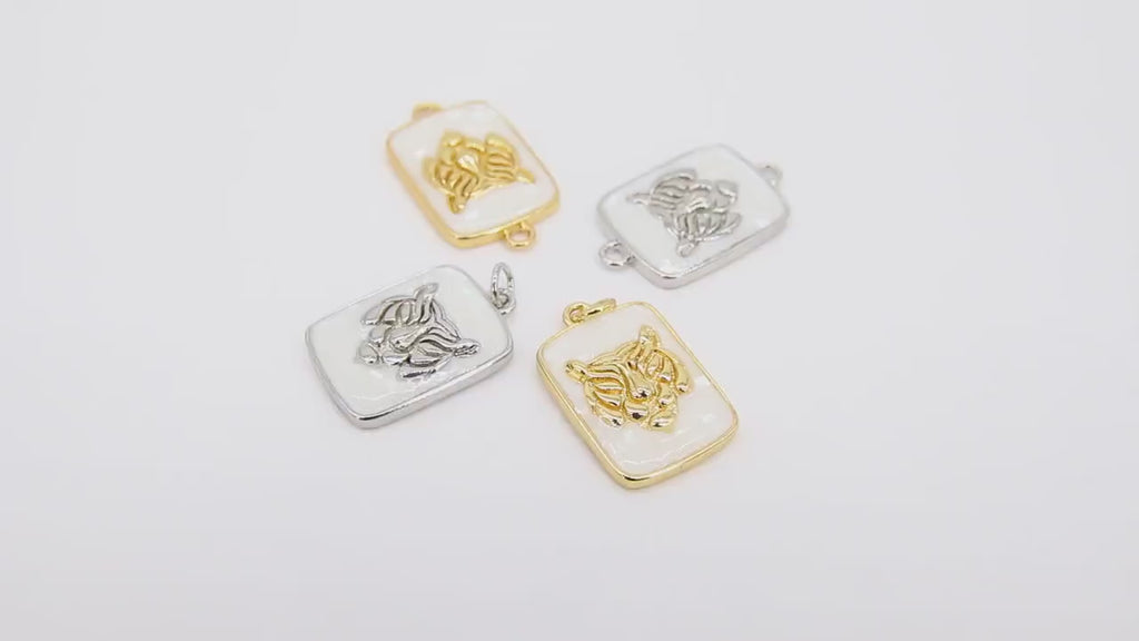 Gold Tiger Head Charm or Connectors, Silver White Shell Lion Head #918, Rectangle Pendant for Bracelet or Animal Jewelry