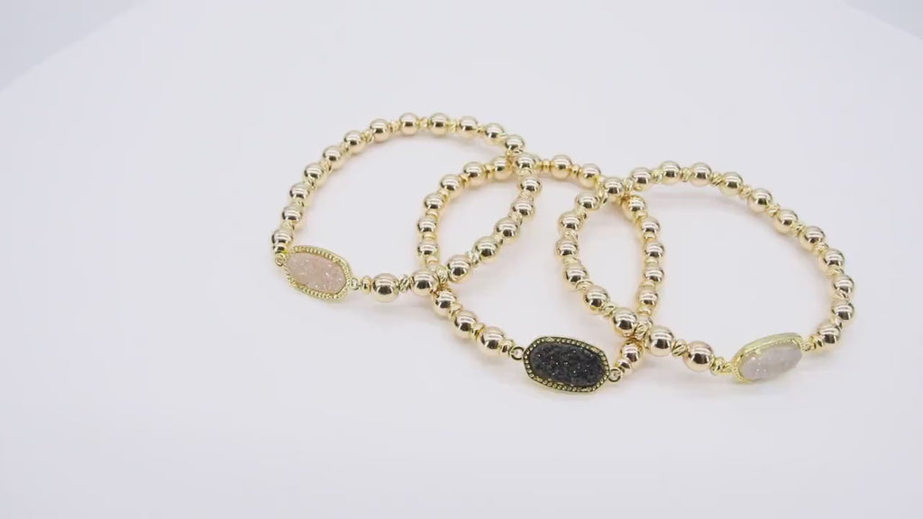 Gold White Druzy Beaded Bracelet, 6 mm Black Druzy Gold Stretchy Bracelet #795, Rondelle Heishi Ivory Charm Bracelet