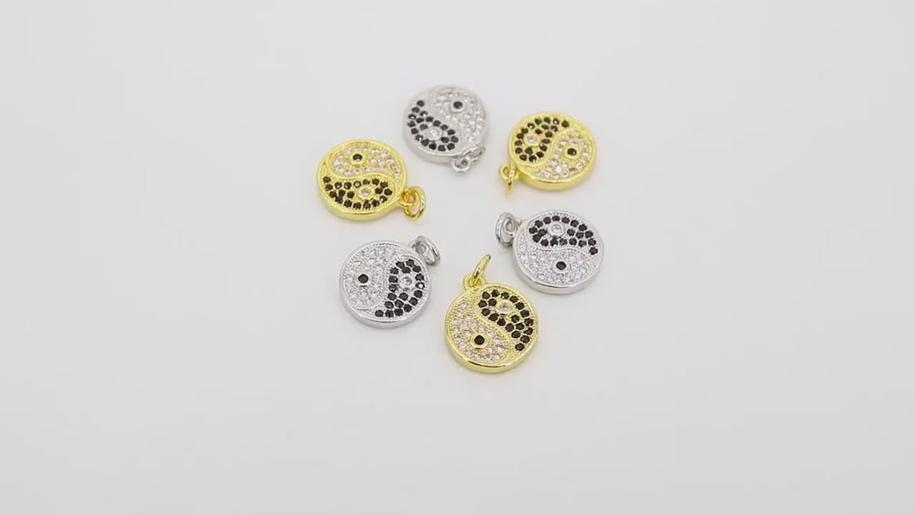 Gold Black and White Round Charms, CZ Pave Yin Yang Disc Silver #179, Charm for Necklaces or Bracelet 11 x 13 mm