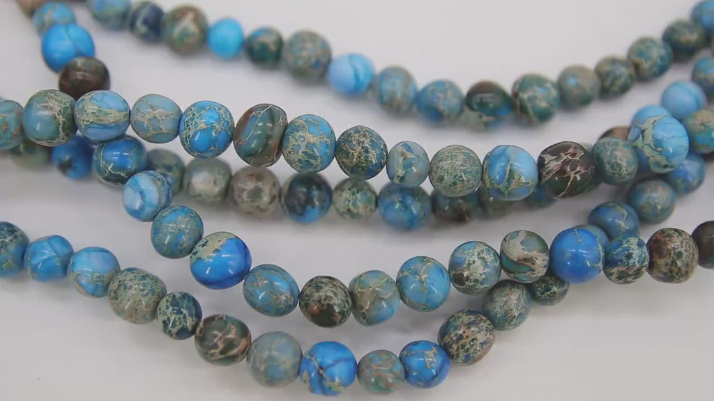 Natural Imperial Royal Blue Jasper Beads, Sea Sediment Round Marbleized Beads BS# 55, sizes 6 to 10 mm 15 inch FULL Strands