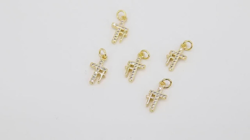 Double Cross Charms, 3 Pcs Micro Paved Tiny Gold Cross Charm #718, Minimalist Two Crosses 7 x 12 mm