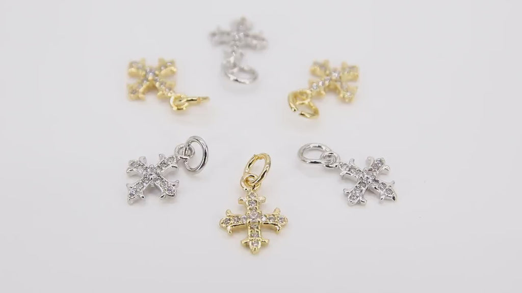 CZ Paved Gold Cross Charms, 9 x 12 mm Tiny Silver Cross Charm #3392, Minimalist Small Crosses