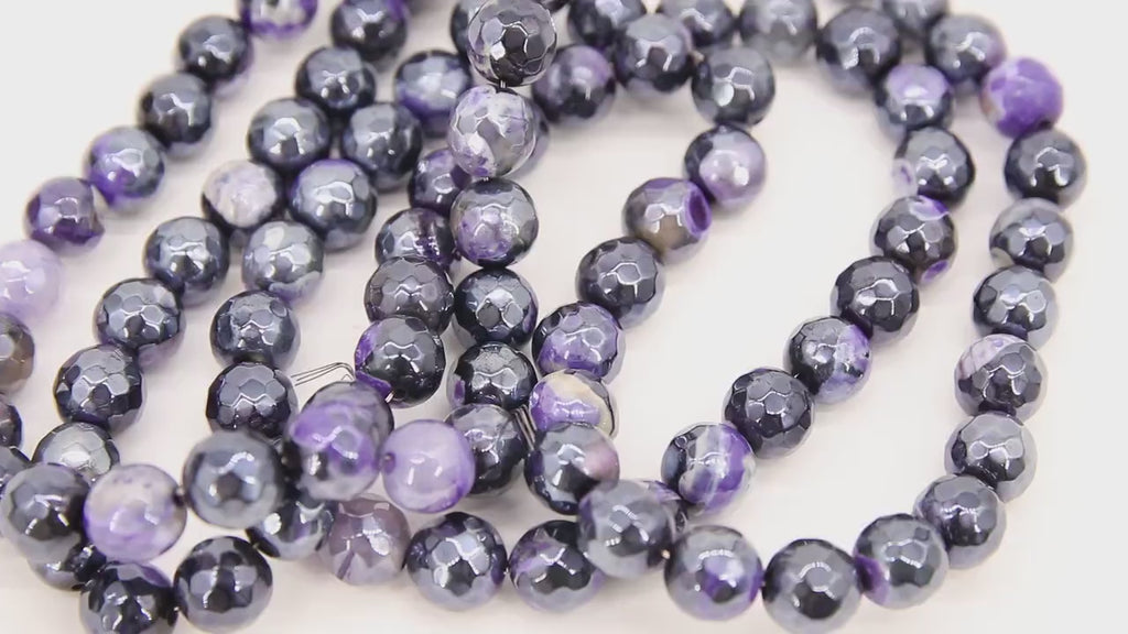 Electroplated Mystic Coated Agate Beads, Faceted Black Purple Agate BS #221, White Pearlized Beads