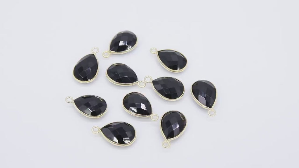 Black Onyx Teardrop Charms, Gold Plated Oval Stone Gemstones #2857, Sterling Silver Gray Pendants