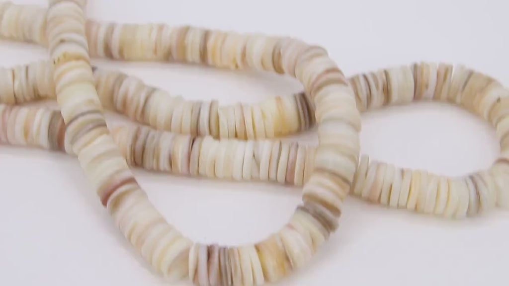 Shell Bead Heishi Bead Strands, Natural Beige Ivory Flat Shell Beads BS #142, Round Disc sizes 10 mm 15.0 inch Strands