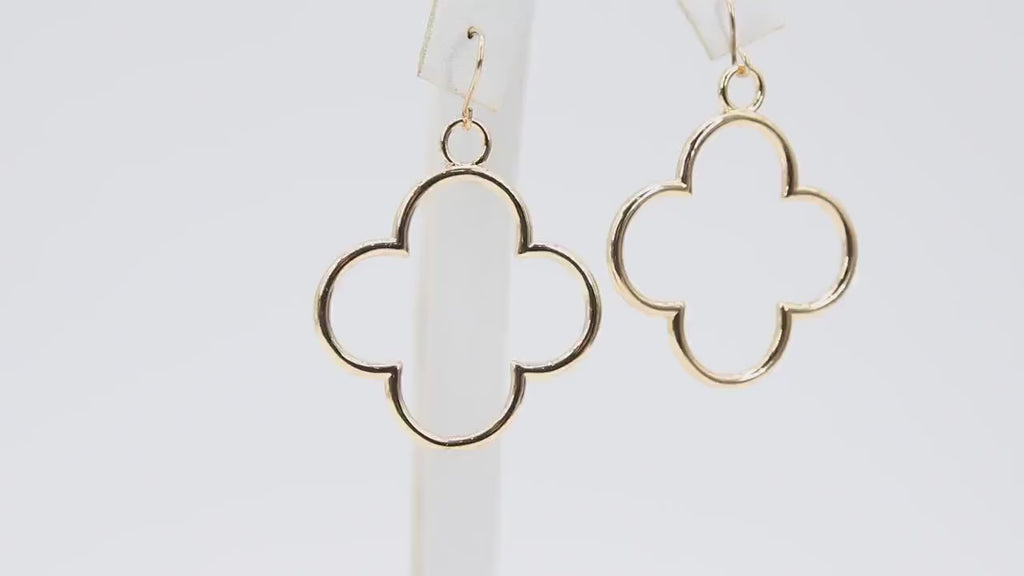 Textured Gold Clover Hoop Ear Rings, 33 mm Glittery Gold Charms #958, High Quality Quatrefoil Light Weight Wire Hoops Finding