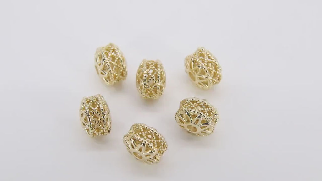 Gold Plated Rondelle Filigree Beads, 8 mm Patterned Gold Thick Heishi Beads AG #3477, Round Metal High Quality Beads
