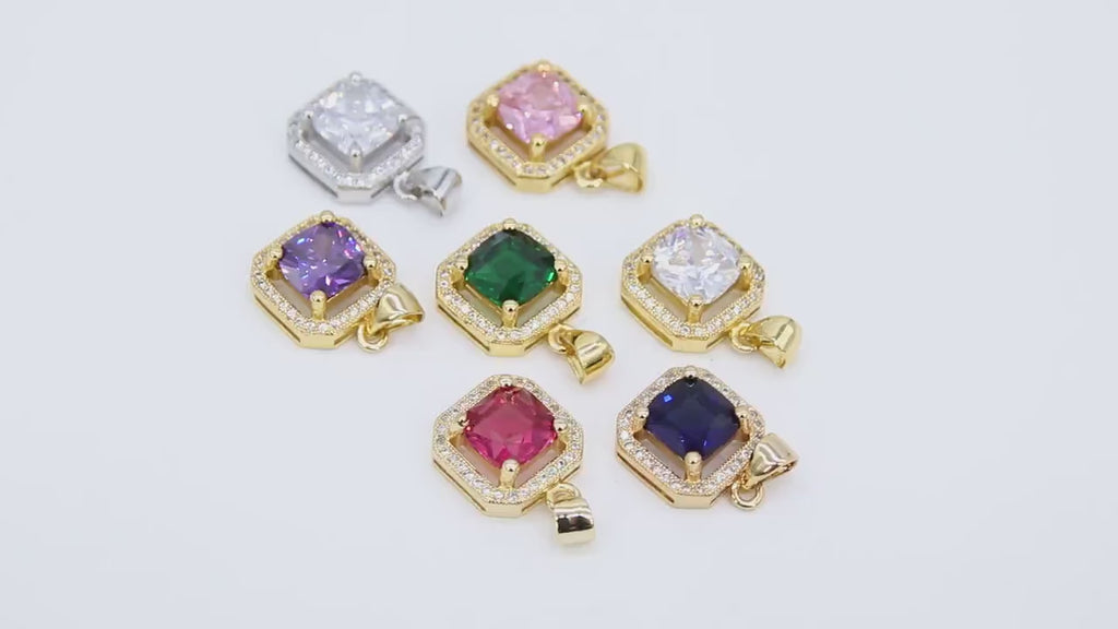 CZ Square Charms, Clear Crystal Drop Bezels #2664, Silver Gemstone Rectangle Shape Pendants