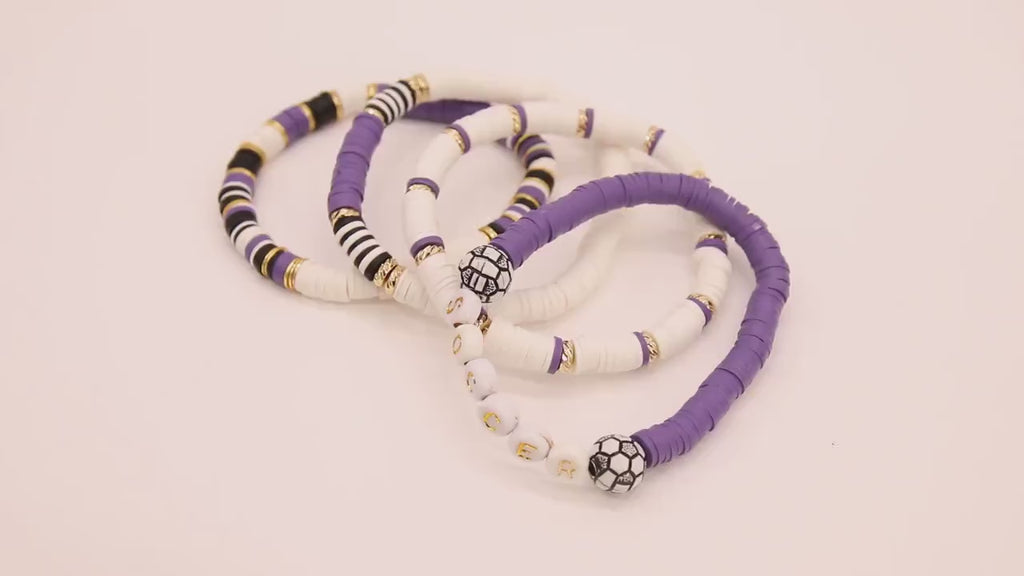 Soccer Mom Heishi Beaded Bracelet, 6 mm Purple White Black Gold Stretchy Bracelet, Flat Heishi Team Spirit Clay Beaded Bangles