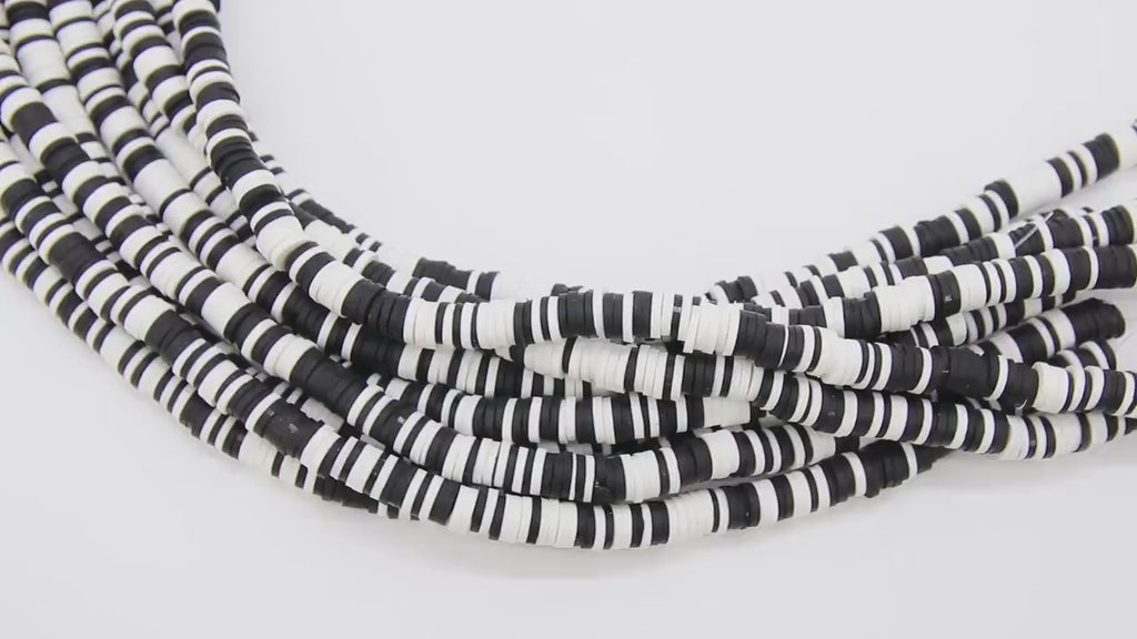 2 Strands 6 mm Clay Flat Beads, Black and White Heishi beads in Polymer Clay Disc CB #131, Rondelle