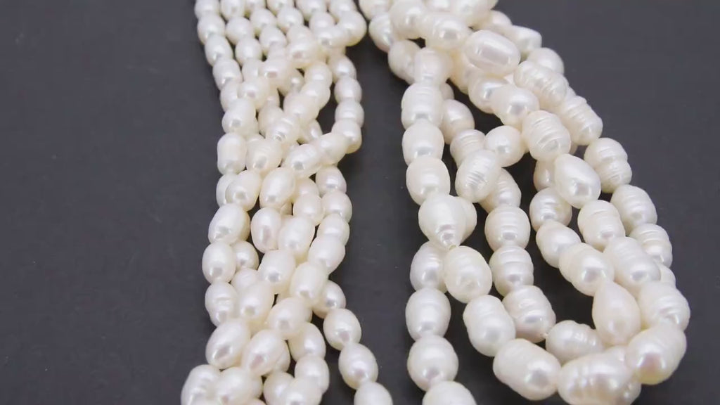 Genuine Pearl Bead Strands, 6 mm 12 mm White Baroque Pearl Beads CH#, Oval Freshwater Rice Pearl