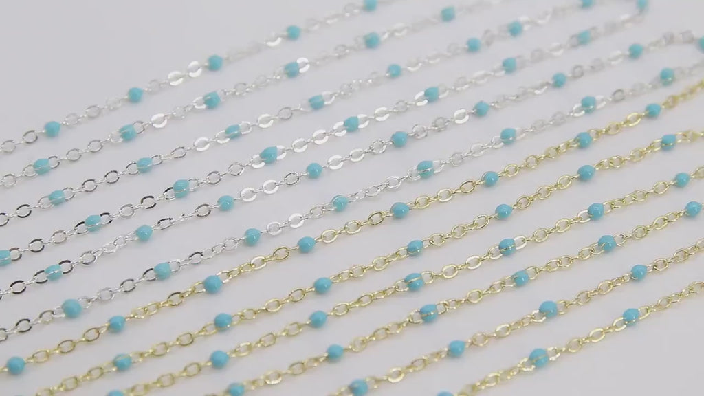 Gold Dainty Beaded Satellite Chain, Baby Blue Enamel Jewelry Chain, Bright Silver Blue Turquoise Beaded