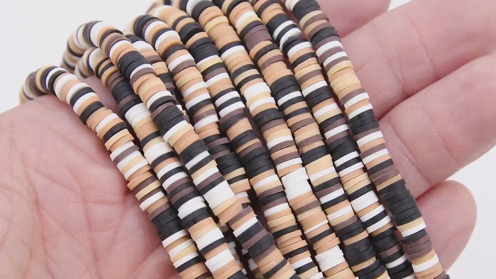 6 mm Clay Flat Beads, Black Tans Beige White Heishi Mix beads in Polymer Clay Disc CB #168, Rondelle Multi Color