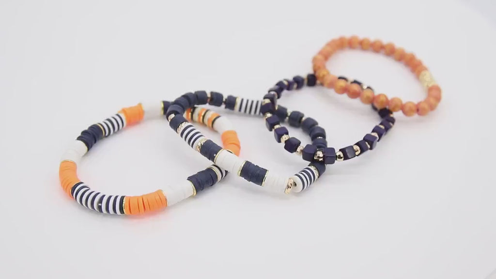 Heishi Beaded Bracelet, Navy Blue Orange White Gold Stretchy Bracelet #698, Auburn Tiger Team School Spirit Clay Beaded Bracelets