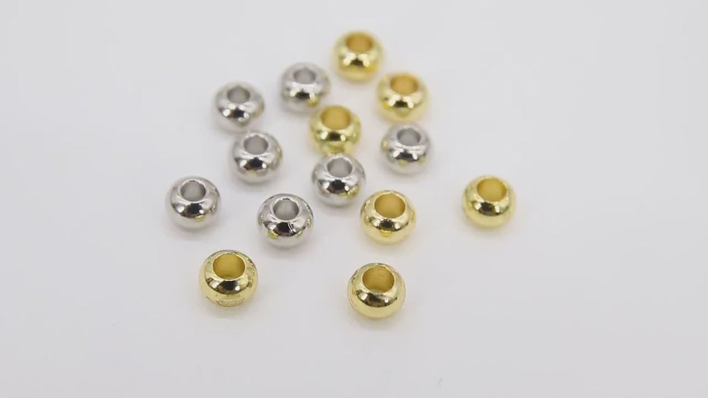 Gold Plated Round Beads, 20-100 pc Smooth 6 mm Seamless Silver Beads #2950, 4 mm Wide Large Hole High Quality Plated Jewelry Findings