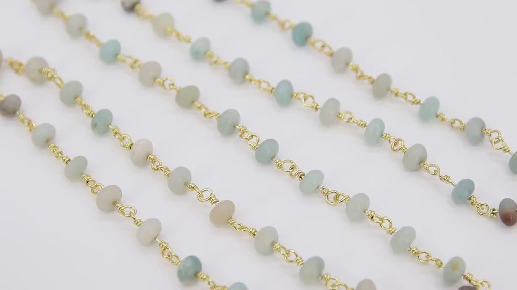 Natural Amazonite Beaded Rondelle Rosary Chain, 6 mm Gold Wire Wrapped CH #541, Blue Stone Religious Chain