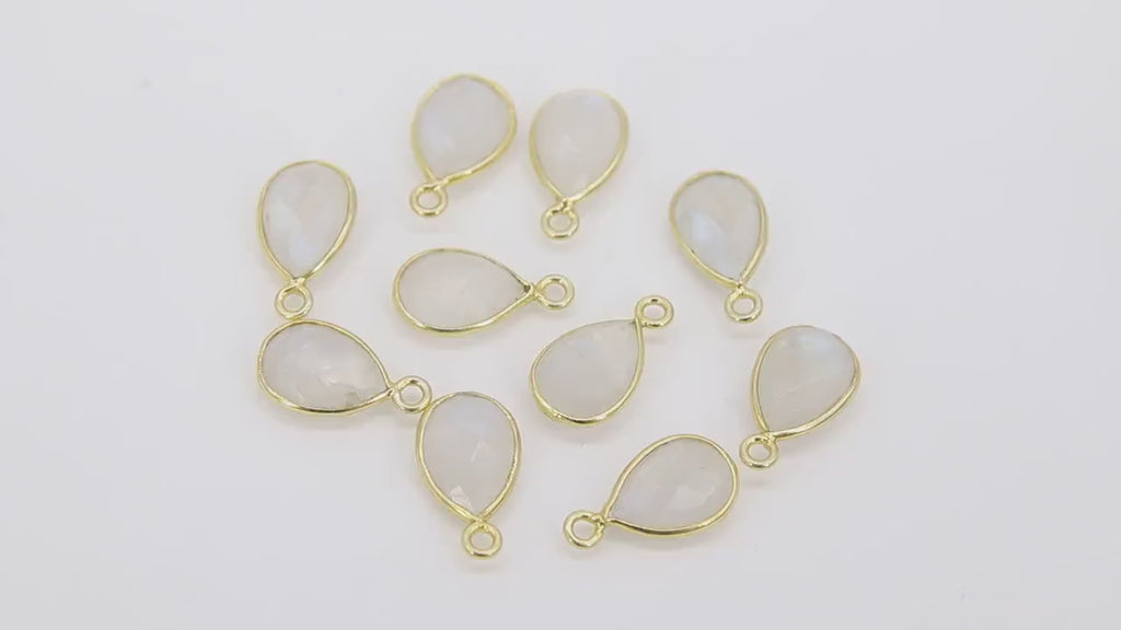 Moonstone Teardrop Charms, Gold Plated Oval White Gemstones #2853, Sterling Silver Birthstone Pendants