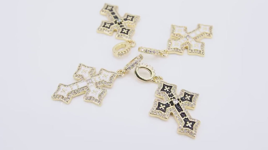 Gold CZ White Enamel Cross Charms, Black CZ Charms With Bail #871, 21 x 30 mm  Rosary Pendants