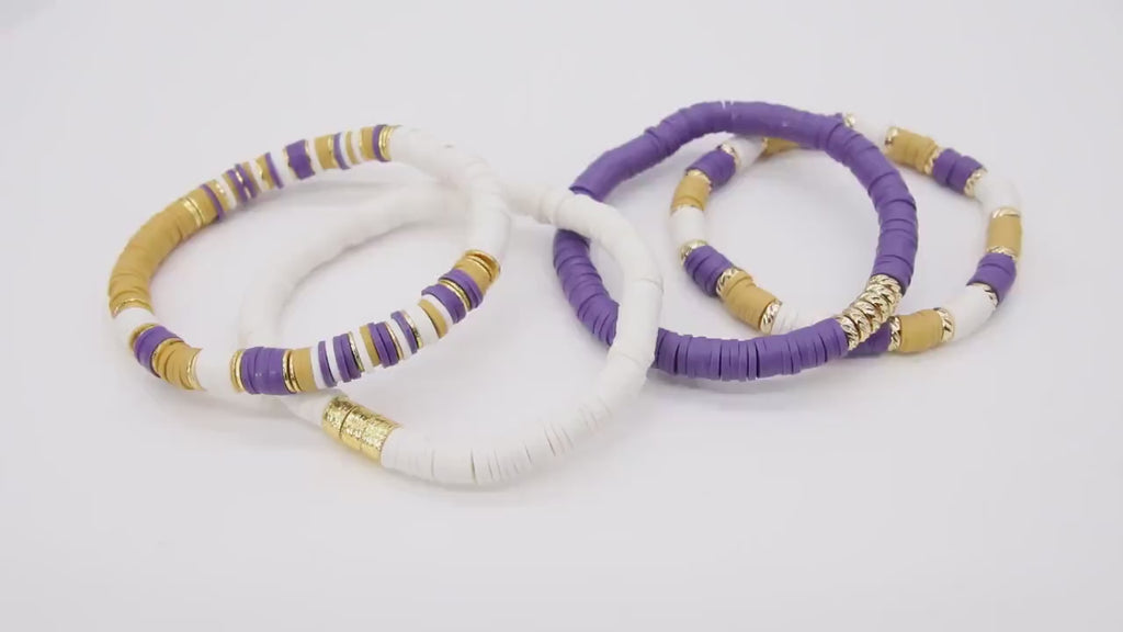 LSU Heishi Beaded Bracelet, 6 mm Purple White Gold Stretchy Bracelet #795, Rondelle Heishi Tigers Mom Team Spirit Clay Beaded Bangles