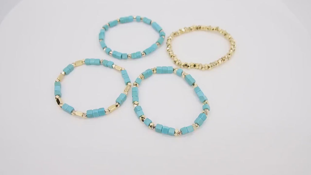 Baby Blue Turquoise Beaded Bracelets, Gold and Blue Stretchy Bracelet Stacks, Cube Beaded Crystal Bracelets