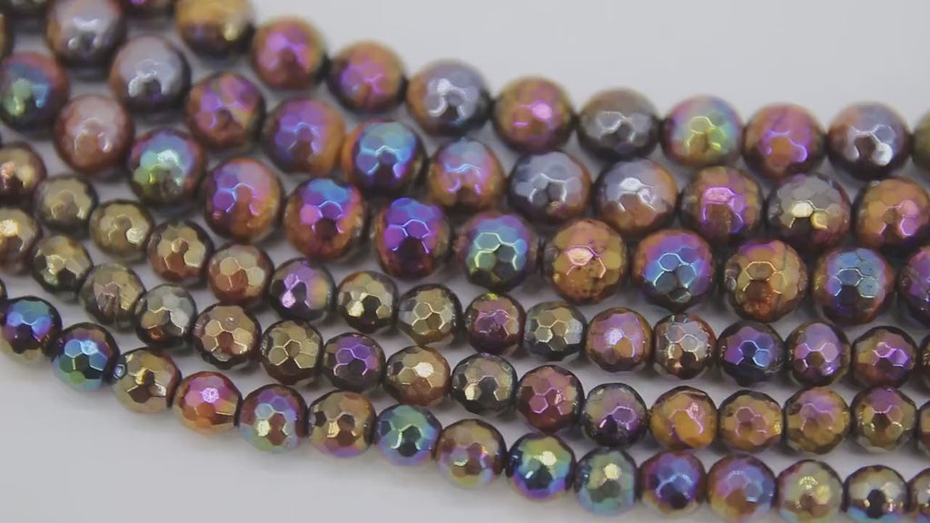 Natural Tiger Eye Beads, Shimmery AB Multi Faceted Plated Titanium Color Beads BS #56, sizes 6 mm 8 mm 15.3 inch Strands