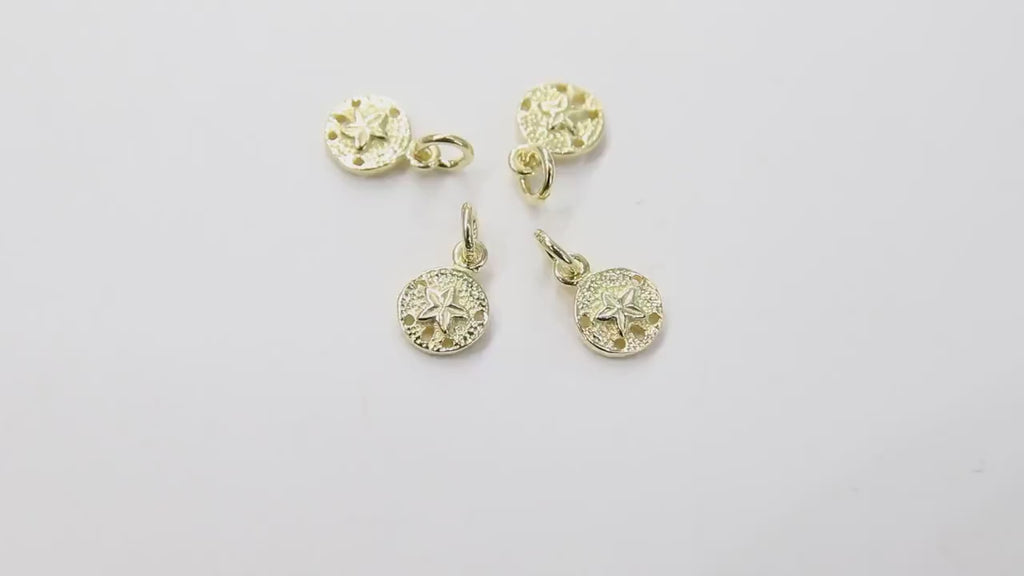 Genuine Gold Sand Dollar Charms, Tiny Beach Jewelry # 2414, 6 x 8 mm Gold Plated 925 Sterling Silver Starfish Nautical Ocean Dangles