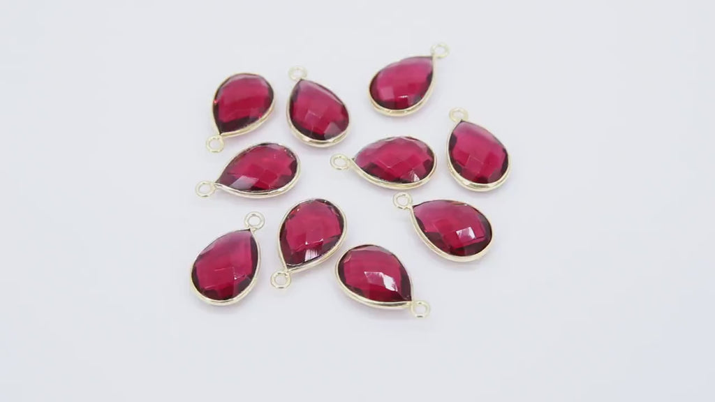 Pink Tourmaline Teardrop Charms, Gold Plated Oval Pink Gemstones #2855, Sterling Silver Red October Birthstone
