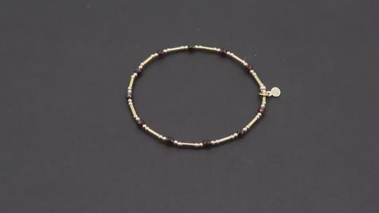 14 K Gold Filled Beaded Garnet Stretchy Bracelet, Dainty Tube Gemstone Stacking Bracelet, Handmade Red January Birthstone Gemstone Bracelet