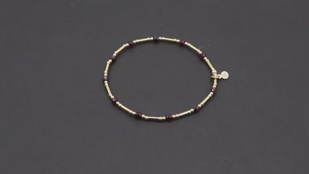 14 K Gold Filled Beaded Garnet Stretchy Bracelet, Dainty Tube Gemstone Stacking Bracelet, Handmade Red January Birthstone Gemstone Bracelet
