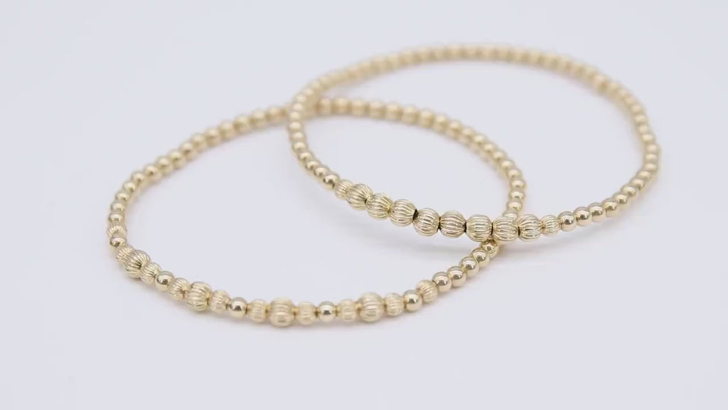 14K Gold Filled Round Beaded Bracelets, Stretchy Textured Beaded Bracelet Stacks, Water Resistant and Anti Tarnish