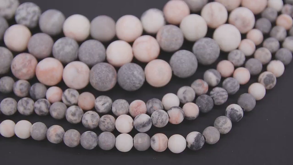 Natural Pink Zebra Frosted Beads, Round Matte Gray and Pink Peach Jasper Beads BS #54, sizes in 6 mm 8 mm 10 mm 15.5 inch FULL Strands