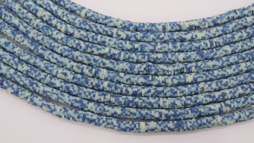 2 Strands 6 mm Clay Flat Beads, Slate Blue White Heishi beads in Polymer Clay Disc CB #117, Rondelle Multi Color