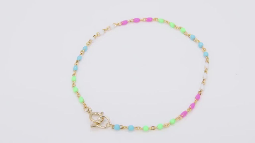 14 K Gold Filled Dainty Satellite Enamel Bracelet, Rainbow Beaded Gold Jewelry, Stamped 14/20