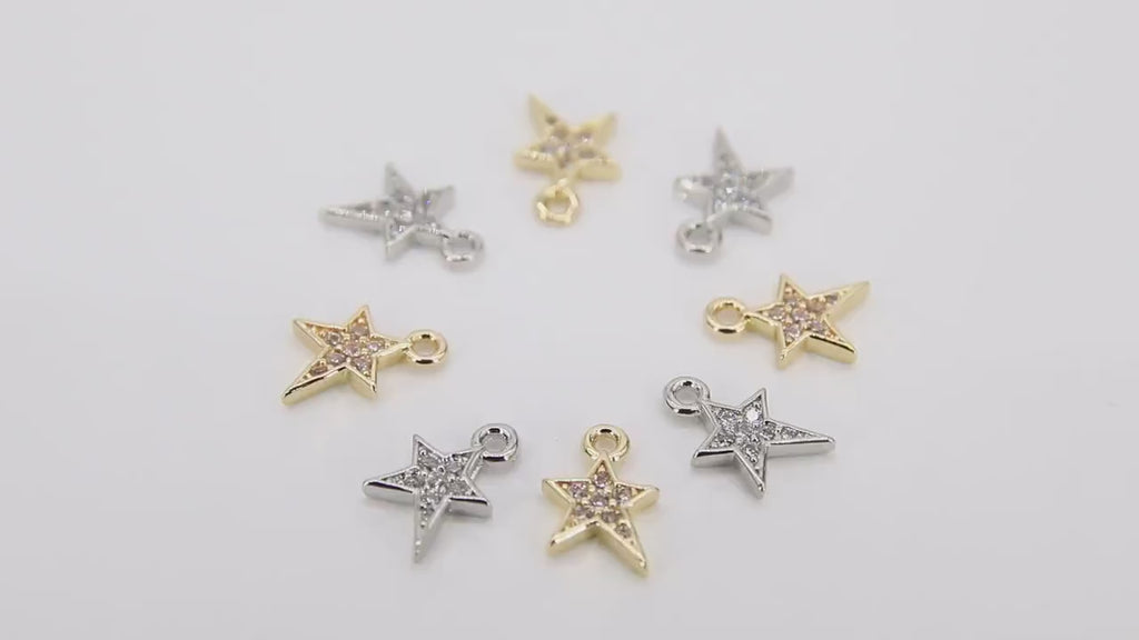 CZ Pave Gold Star Charms, 10 mm Silver Mini Star Dangles AG #3242, Cubic Zirconia Small Mini Starbursts