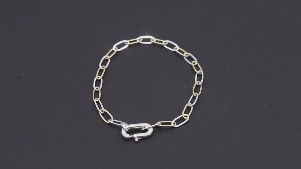 14 K Gold Filled Paperclip Chain Link Bracelet, 925 Sterling Silver Two Tone Mixed Metal Oval Gold Link Bracelet, Large Lobster